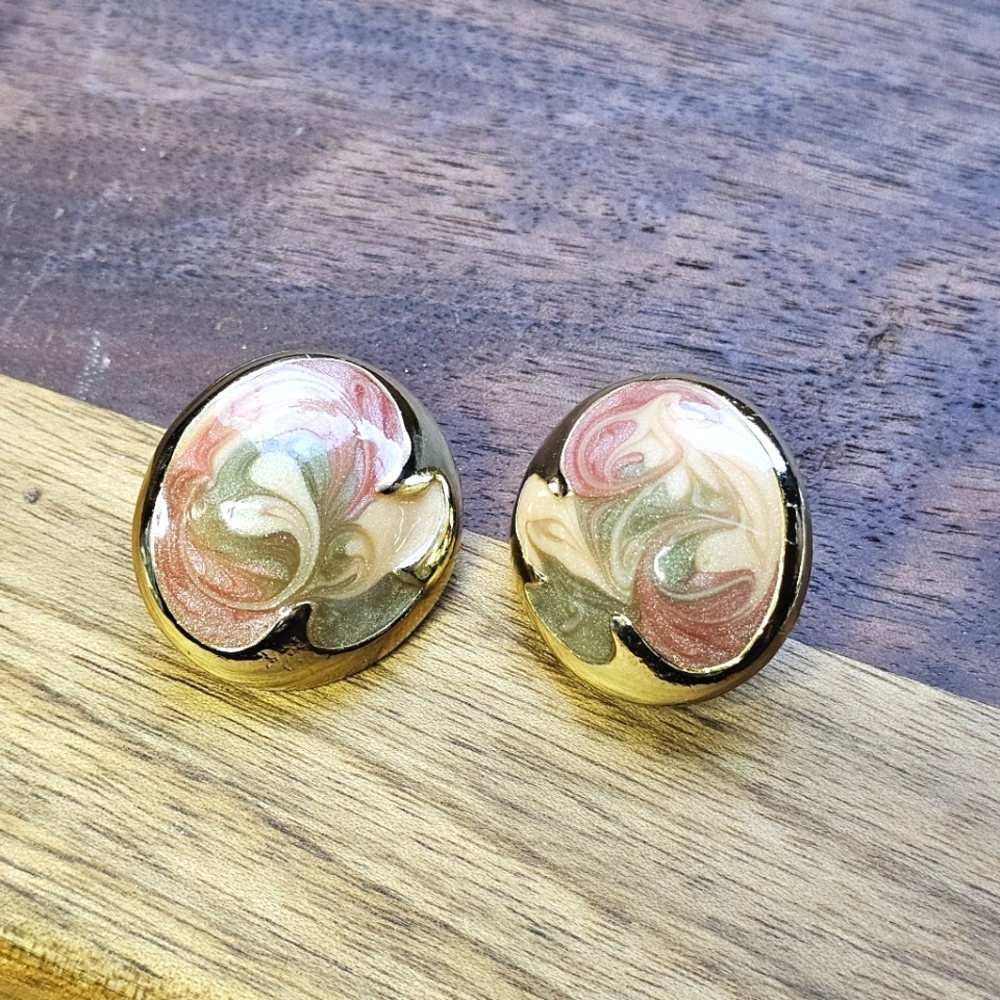 Don-Lin Signed Gold Tone Pink Taupe Cream Swirl Earrings